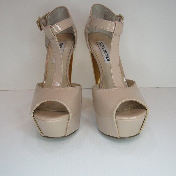 Steve Madden Dyvine Beige T Bar Peep Toe Platform Gold Heel Pumps - Picture 3 of 15